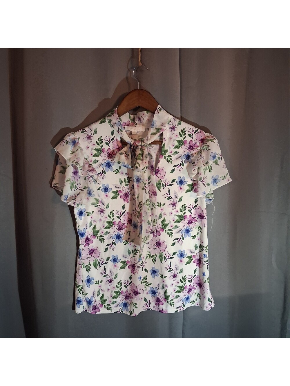 Ivy Ridge Medium Floral Print Short Sleeve Blouse with Tie Neck